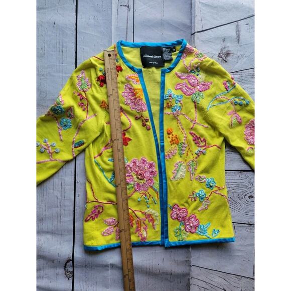 Michael Simon Cotton Embroidered Ribbon Neon Green Open front Cardigan M READ - Picture 8 of 13